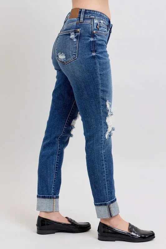 Judy Blue Full Size Mid Rise Boyfriend destroy Jeans with Yoke Pockets and Faux Selvedge Cuff Plus Size - Ladyez