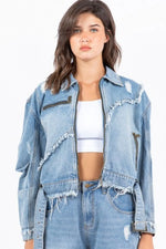 American Bazi Full Size Distressed Frayed Edge Zip Up Denim Jacket Plus Size