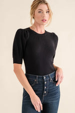 And The Why Puffed Half Sleeve Rib Basic Bodysuit - Ladyez