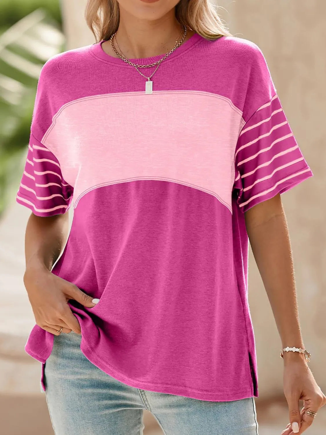 Color Block Striped Sleeve Casual T-Shirt - Ladyez