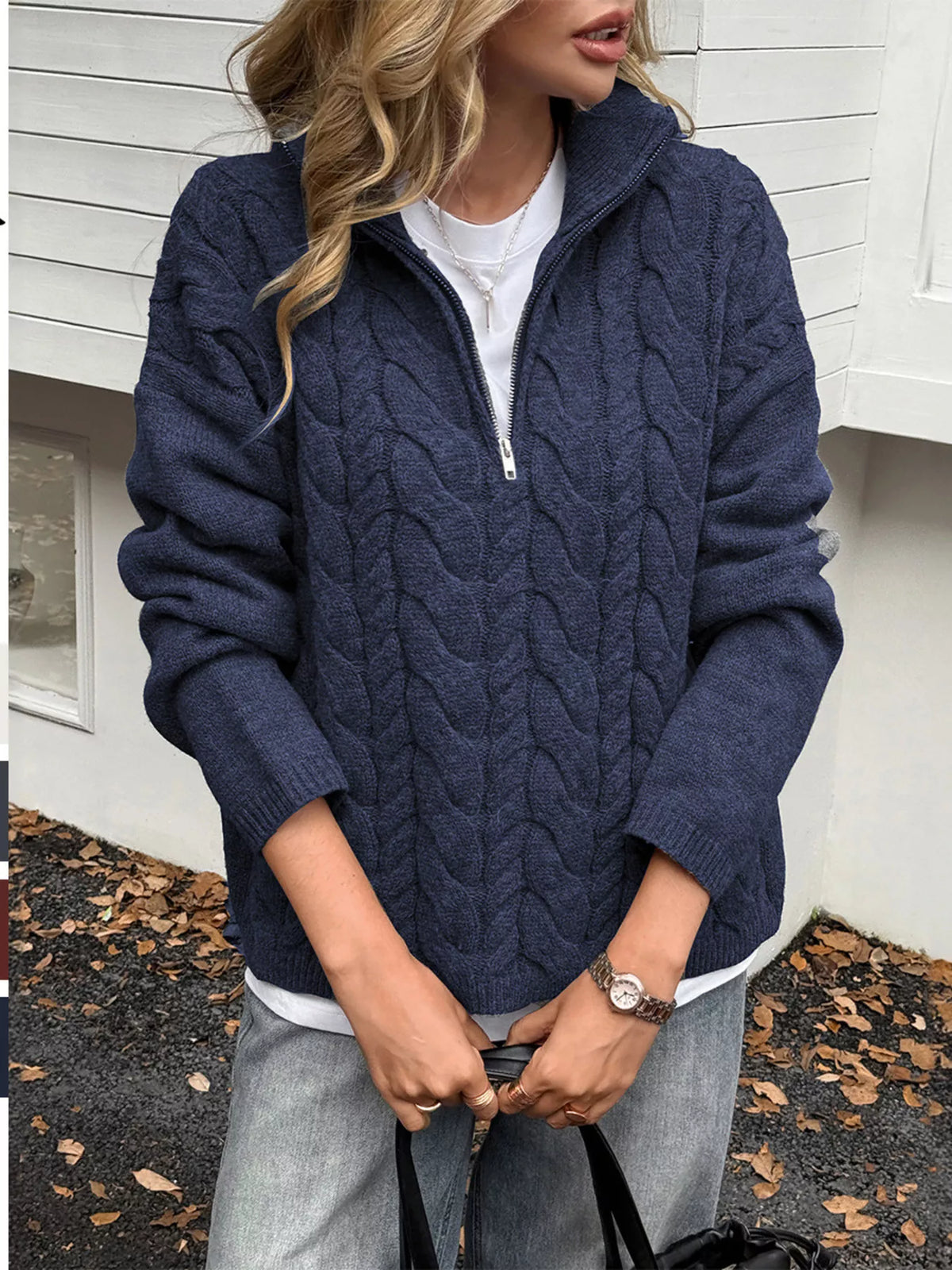 Zip Collar Cable-Knit Sweater