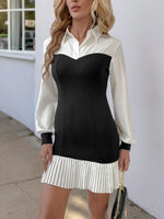 Two Tone Pleated Long Sleeve Shirt Dress - Ladyez