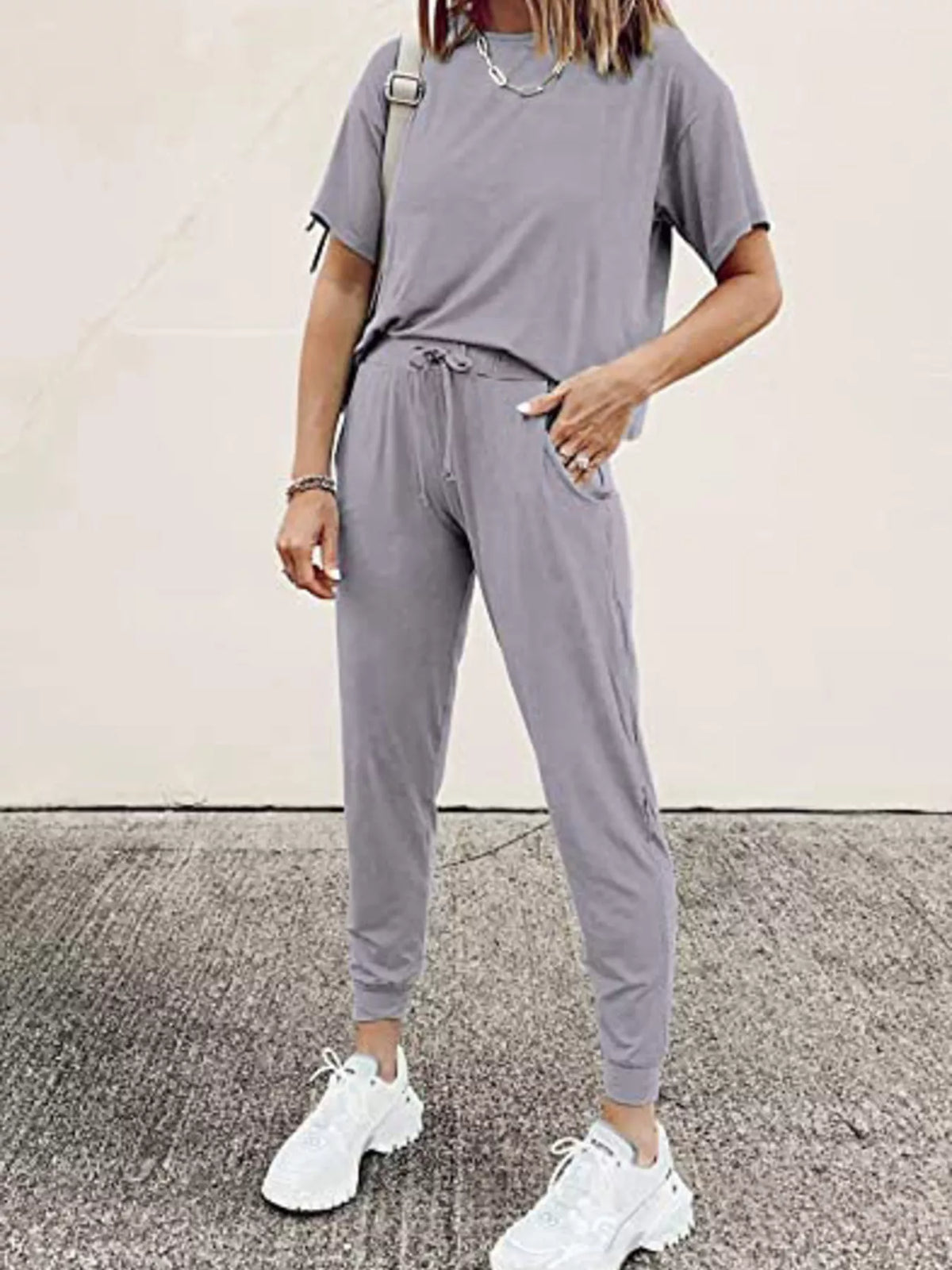 Full Size Round Neck Top and Drawstring Pants Set Plus Size