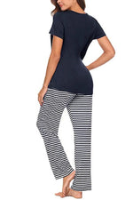 Pocketed Short Sleeve Top and Striped Pants Lounge Set - Ladyez