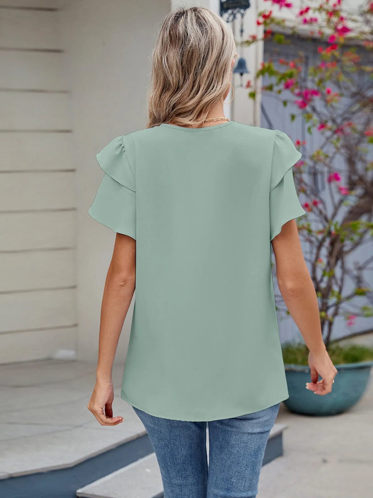 Round Neck Ruffled Layered Sleeve Blouse - Ladyez