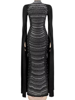 Rhinestone Slit Flare Sleeve Cape Maxi Dress