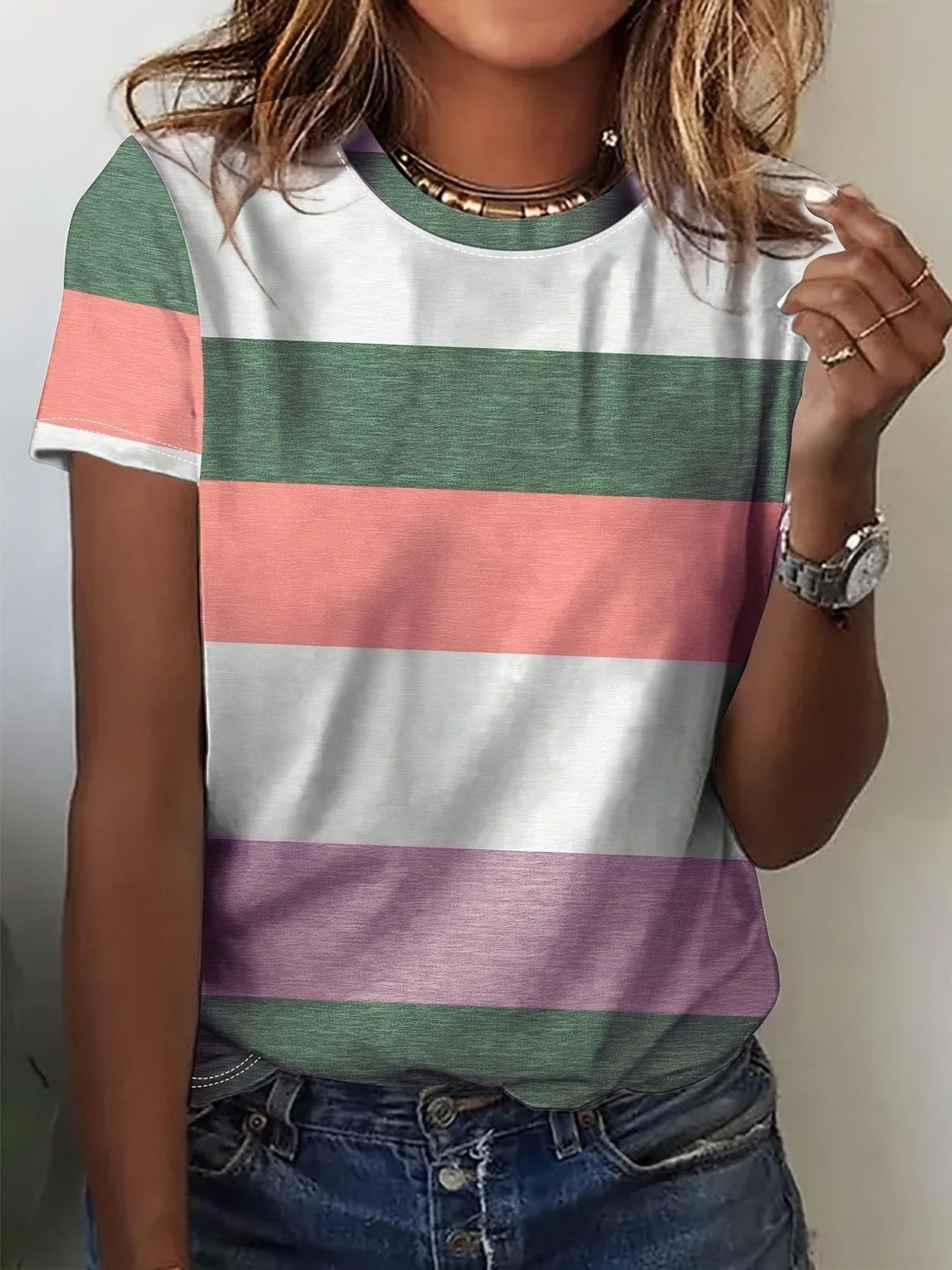 Plus Size Striped Casual Round Neck T-Shirt