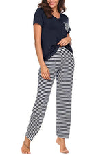 Pocketed Short Sleeve Top and Striped Pants Lounge Set - Ladyez
