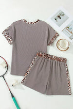 Leopard Trim Ribbed Knit Tee and Shorts Set
