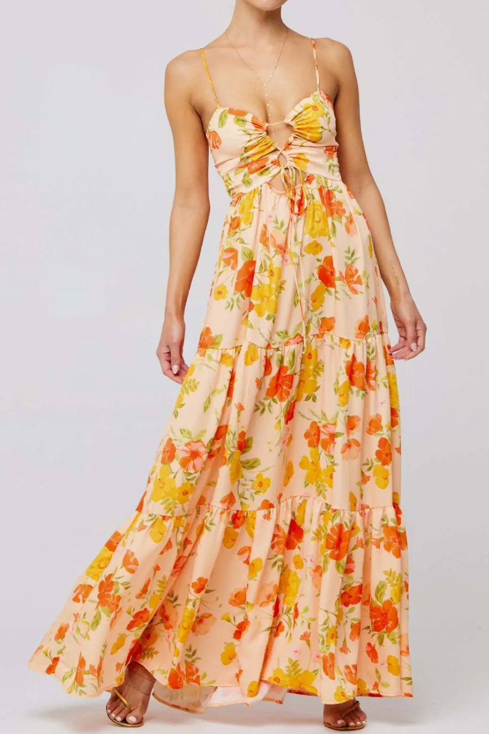 Floral Print Tie Front Tiered Maxi Dress - Ladyez