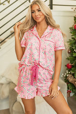 Candy Cane Collared Neck Top and Shorts Lounge Set - Ladyez