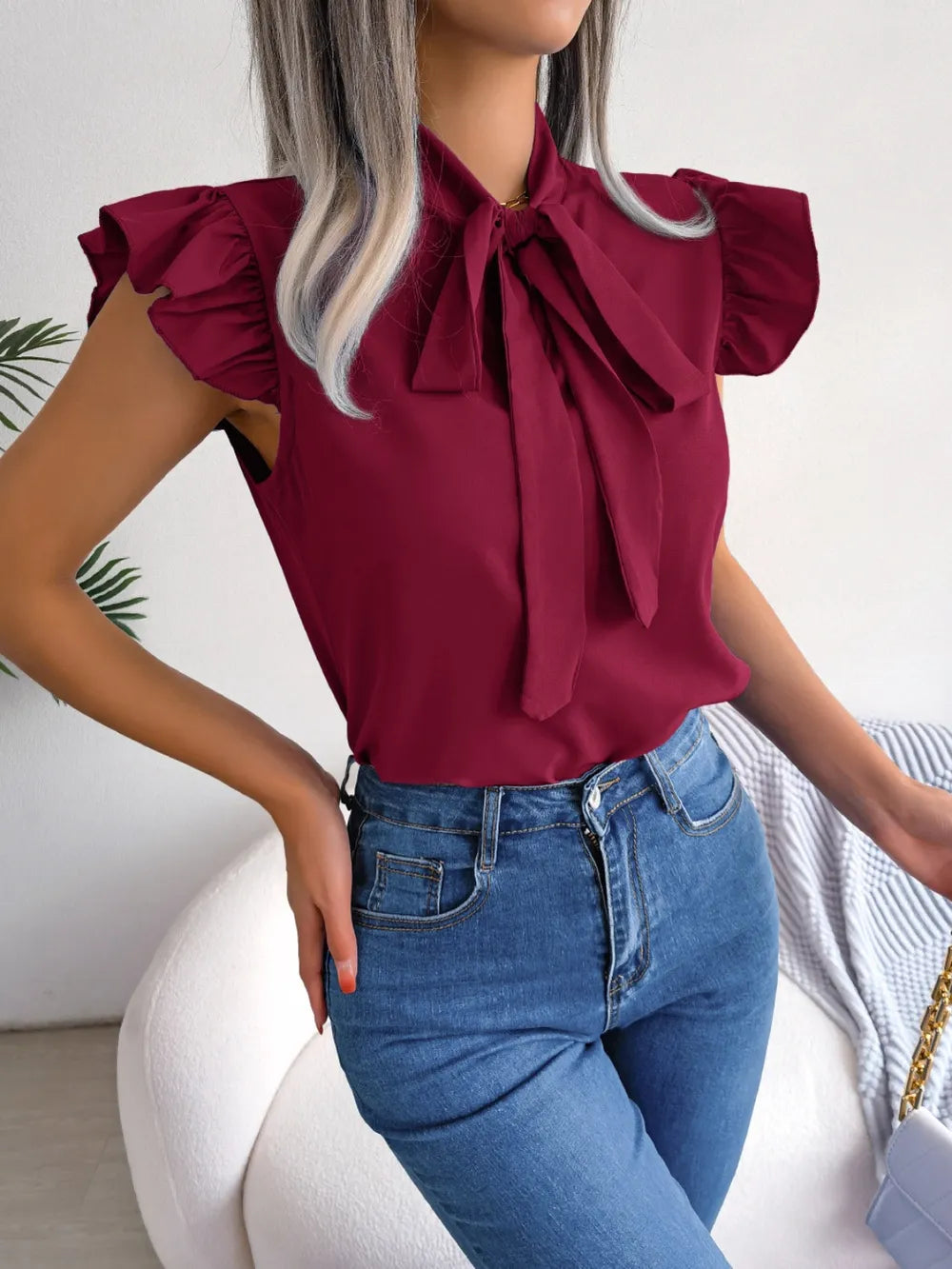 TieNeck Cap Sleeve Blouse
