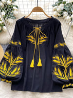 Embroidered Wheat Pattern Tie Neck Blouse