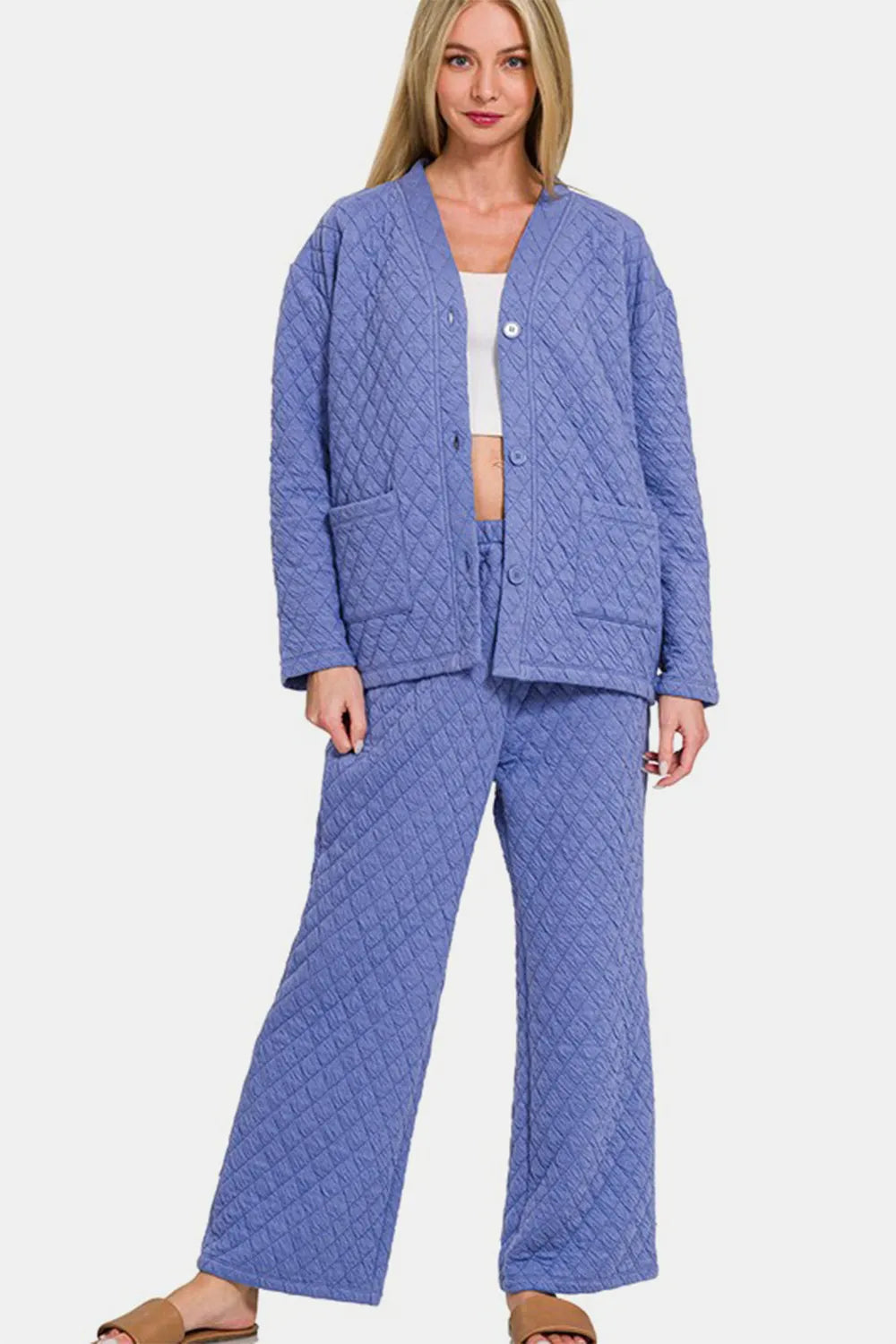 Zenana Quilted Button Up Long Sleeve Top and Pants Lounge Set - Ladyez