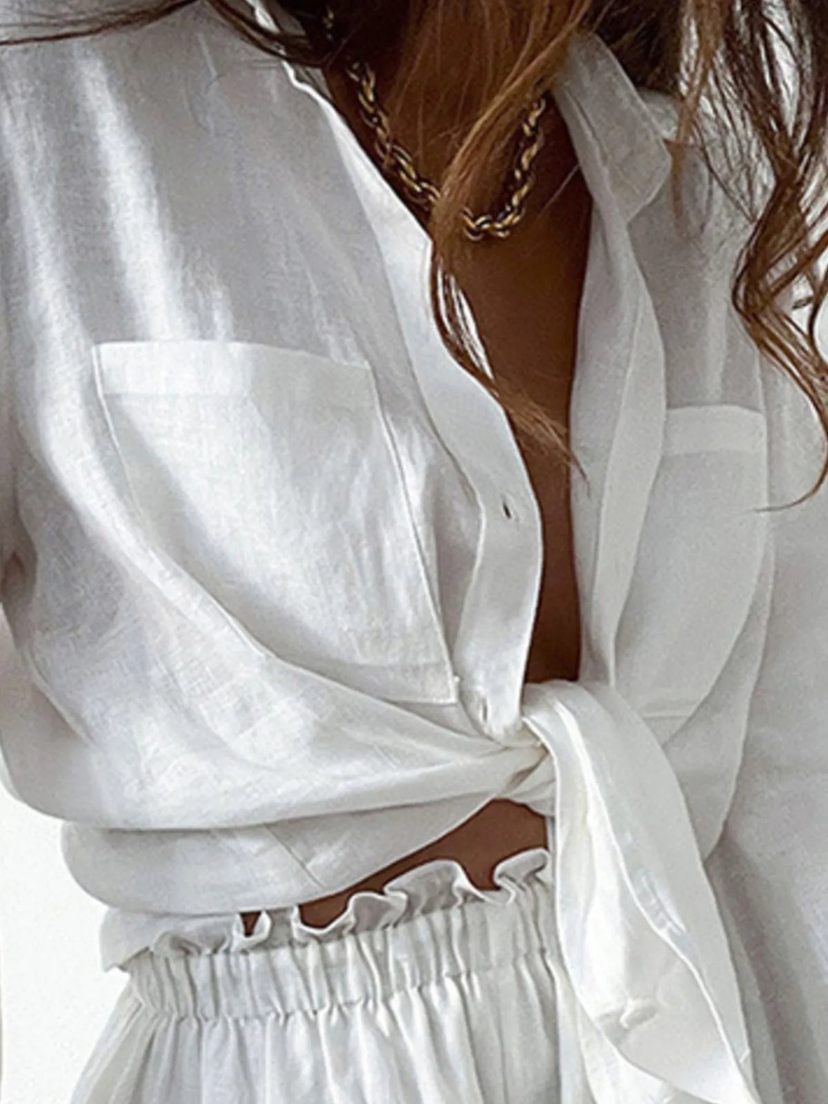 Full Size Button Up Balloon Sleeve Top and Shorts Set Plus Size - Ladyez