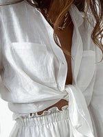 Full Size Button Up Balloon Sleeve Top and Shorts Set Plus Size - Ladyez