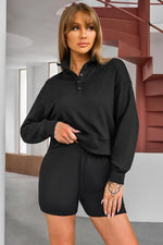 Half Button Sweatshirt and Shorts Active Set - Ladyez