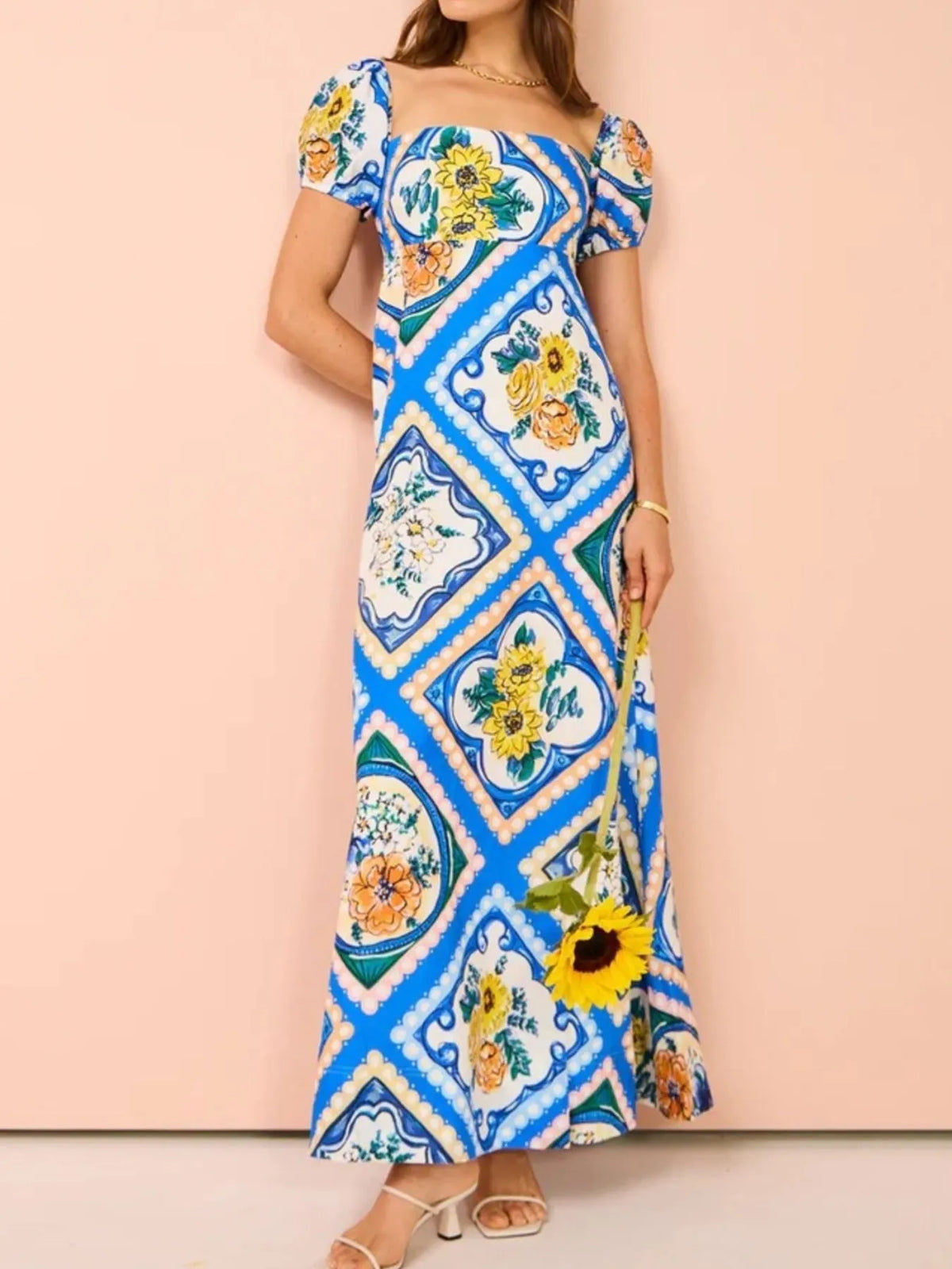 Printed Square Neck Puff Sleeve Maxi Dress - Ladyez