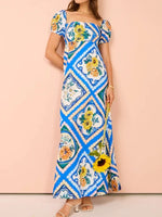 Printed Square Neck Puff Sleeve Maxi Dress - Ladyez