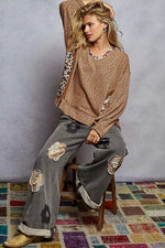 POL Balloon Sleeve Oversized Ribbed Top with Floral Pattern Contrast