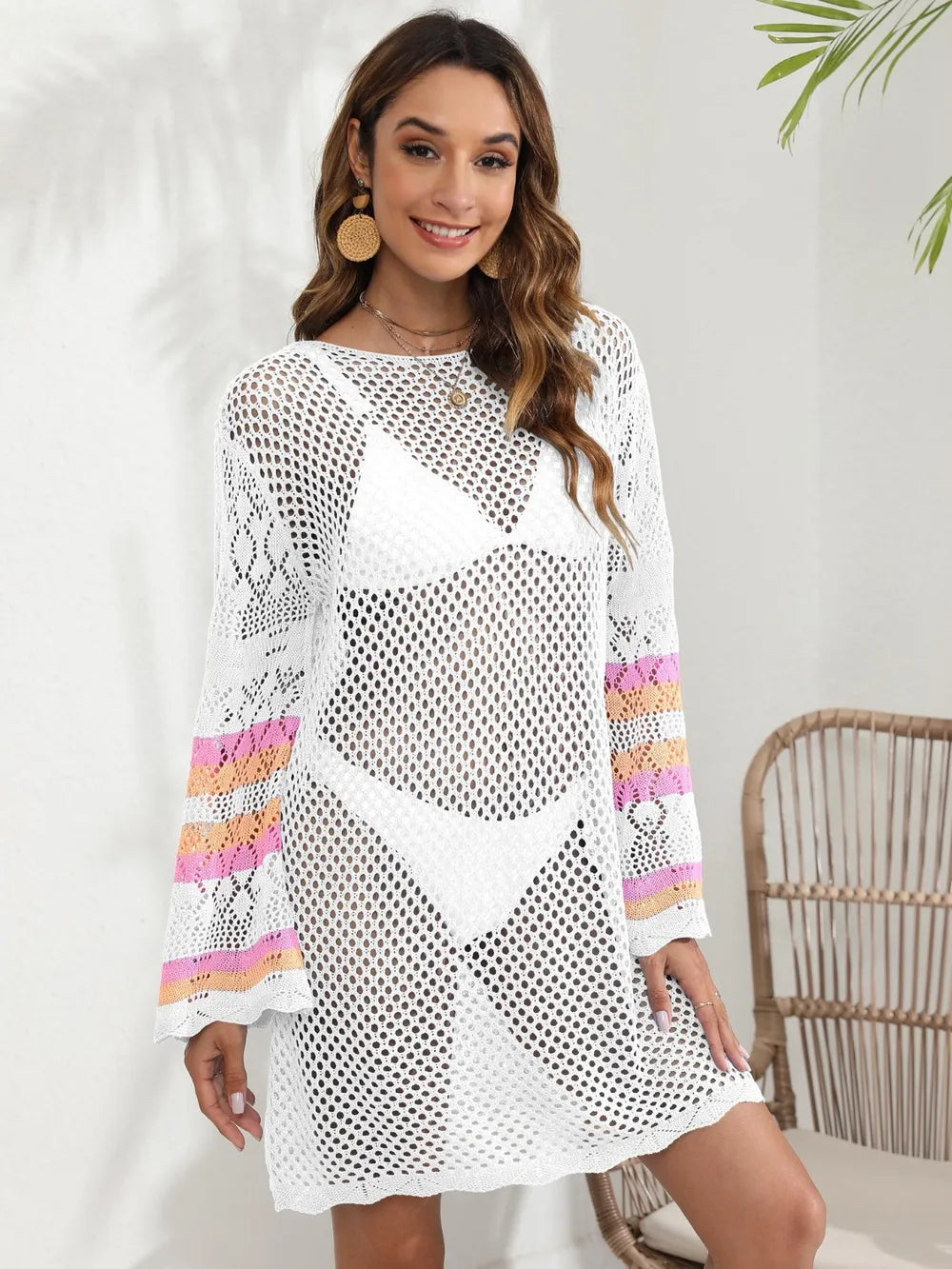Openwork Contrast Long Sleeve Cover-Up - Ladyez