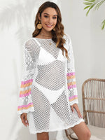 Openwork Contrast Long Sleeve Cover-Up - Ladyez