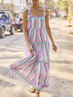 Striped Tiered Maxi Summer Dress with Bow Shoulder Ties - Ladyez