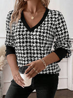 Houndstooth V-Neck Long Sleeve T-Shirt - Ladyez