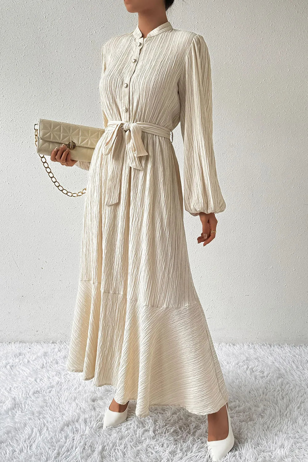 Honey Tied Button Up Balloon Sleeve Dress - Ladyez
