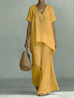 Full Size V-Neck Top and Wide-Leg Pants Set Plus Size