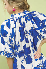 Umgee Floral Print Puff Sleeve Blouse with Scallop Hem