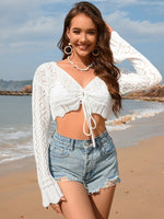 Drawstring Openwork Long Sleeve Cover-Up - Ladyez