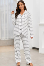 Striped V-Neck Long Sleeve Top and Pants Lounge Set - Ladyez