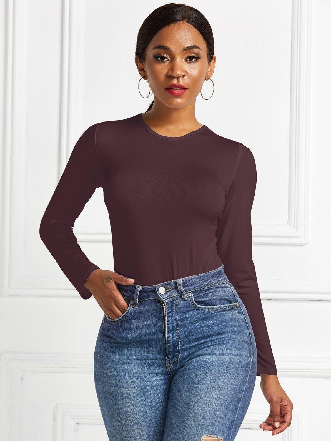 Round Neck Long Sleeve Bodysuit - Ladyez