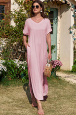 Slit Pocketed V-Neck Short Sleeve Dress - Ladyez