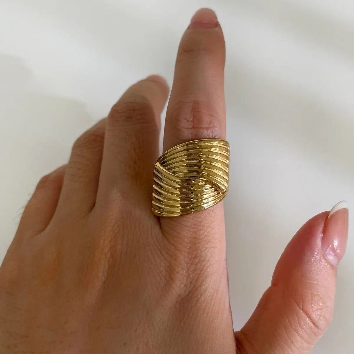 2-Piece Stainless Steel Textured Wave Ring - Ladyez