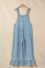 Striped Distressed Ruffled Wide Leg Denim Overalls