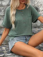 Perfee Half Button Short Sleeve T-Shirt - Ladyez