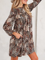 Leopard Ruffled Detail Long Sleeve Loose Mini Dress