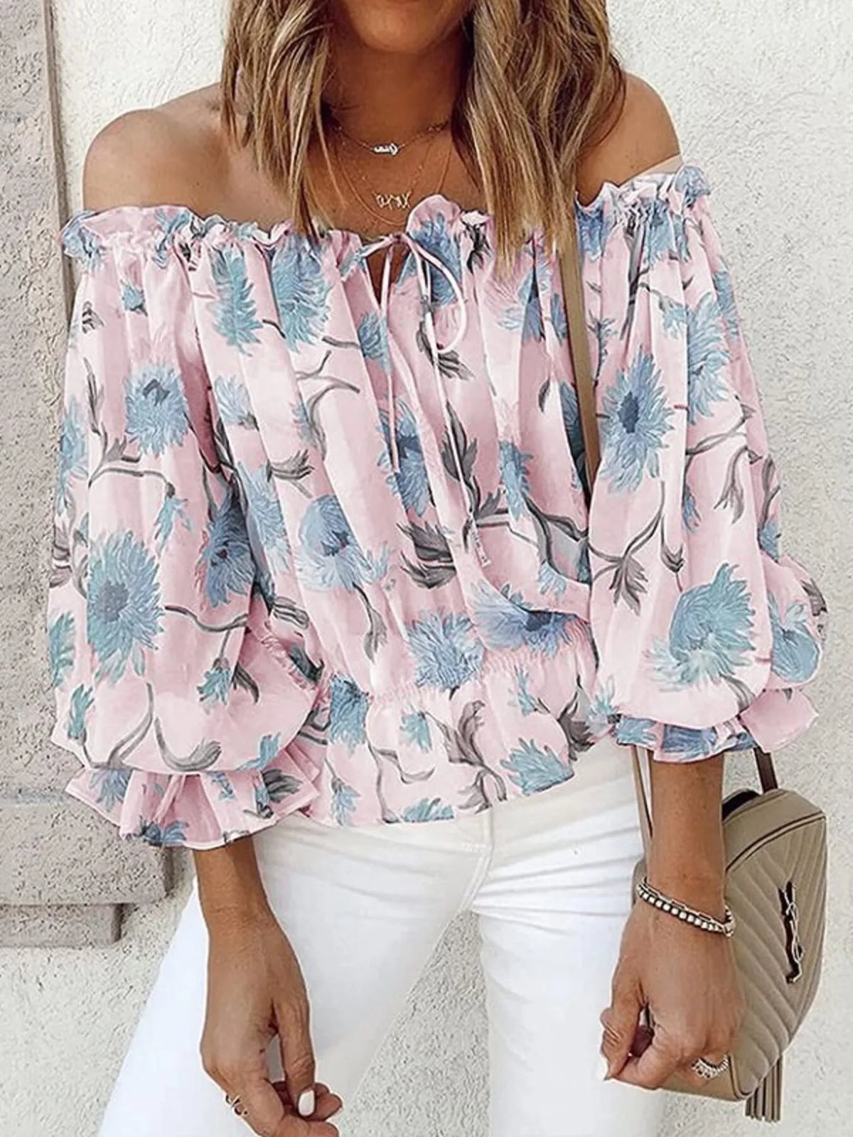 Off-Shoulder Floral Print Blouse - Ladyez