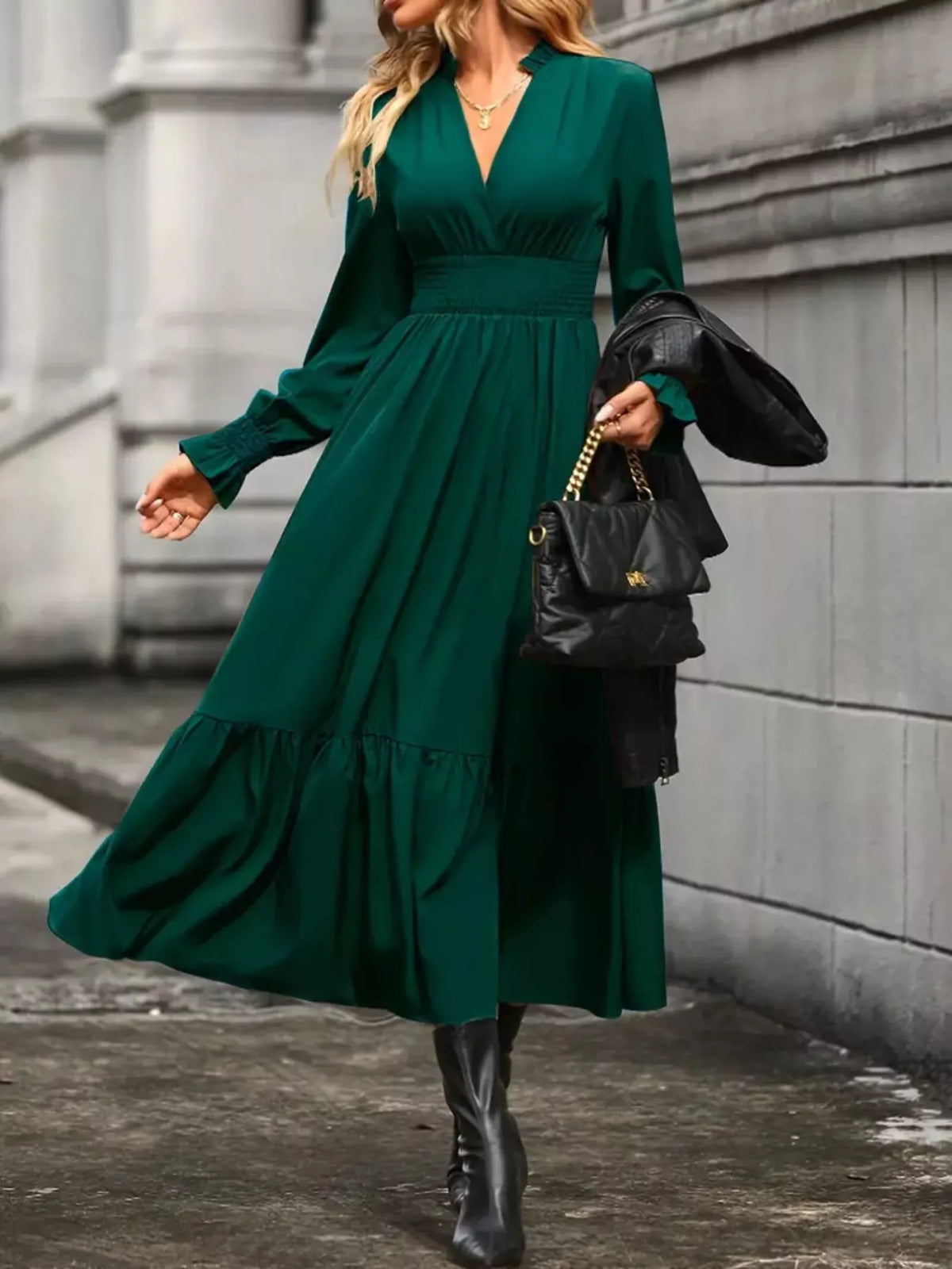 Surplice Long Sleeve Tiered Midi Dress
