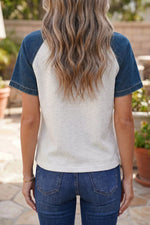 Textured Color Block Denim Patchwork Polo Collar Tee