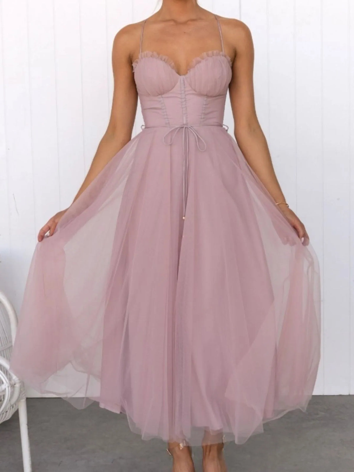 Sweetheart Neck Tulle Midi Dress - Ladyez