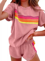 Rainbow Striped Round Neck Top and Shorts Set