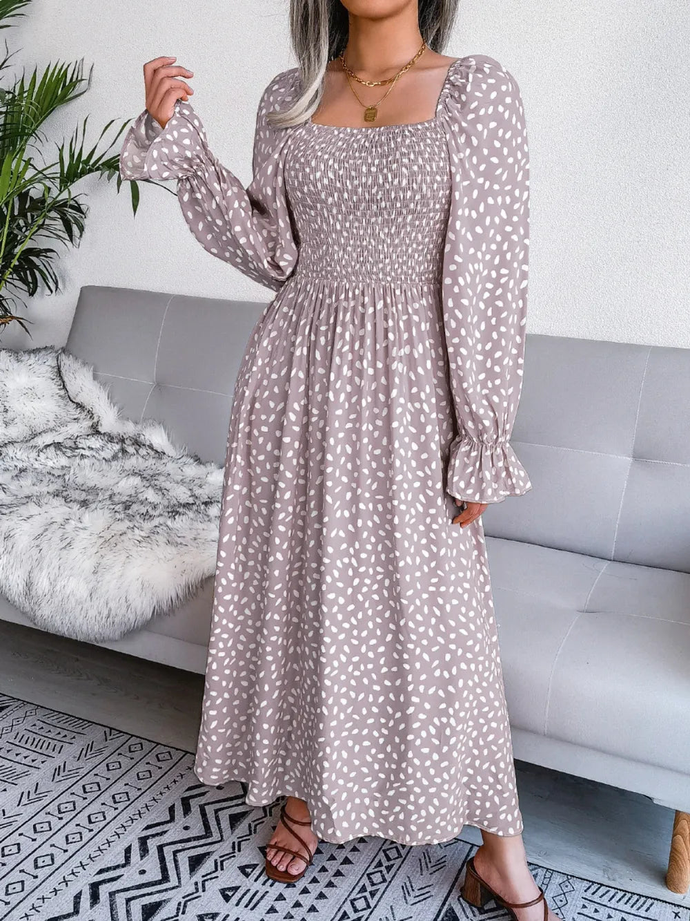 Smocked Square Neck Flounce Sleeve Dress - Ladyez