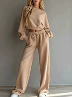 Round Neck Cropped Sweatshirt and Wide-Leg Pants Set