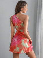 Cutout Drawstring Pleated Tie-Dye Sleeveless Mini Dress