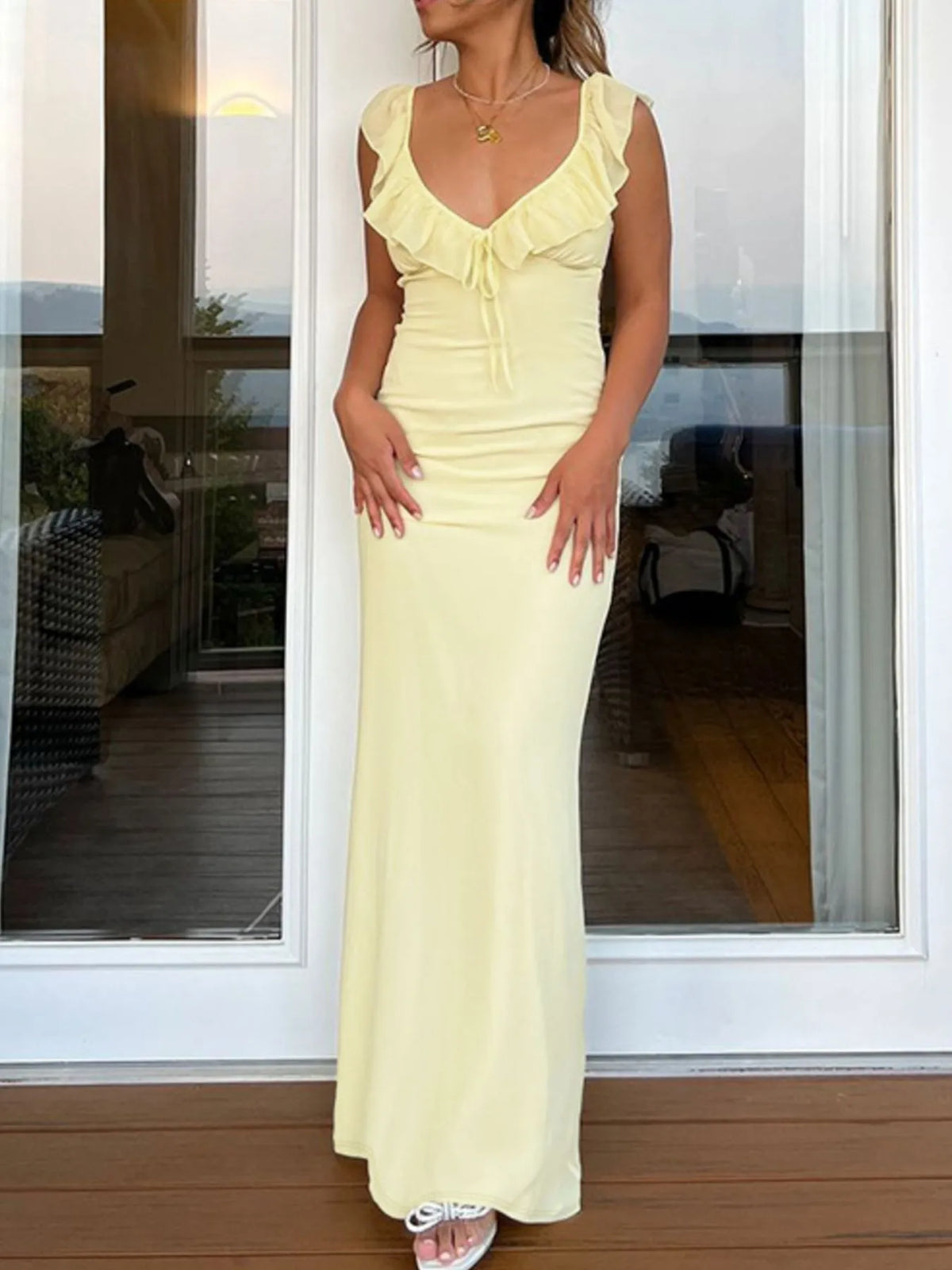 Ruffled V-Neck Sleeveless Maxi Dress - Ladyez