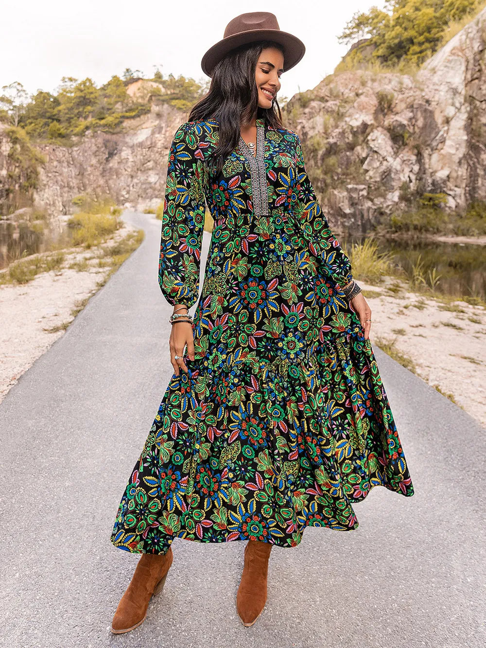 Printed Notched Neck Maxi Dress - Ladyez
