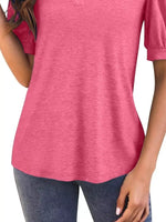Puff Sleeve Notched Casual T-Shirt